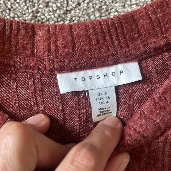 Topshop Burgundy Long Sleeve Short Sweater Dress Size 8 Knit Belted Round Neck - Picture 6 of 10